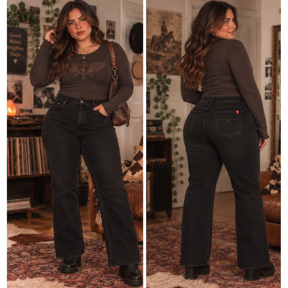 Jeanstar Womens 16W Short Black Bootcut Jeans Stretch Faded Y2K Plus Size